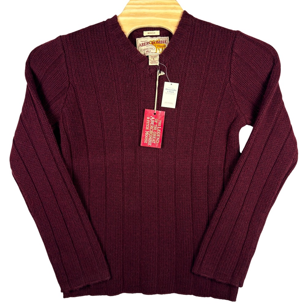 NWT Abercrombie & Fitch Sweater Mens L Burgundy Ribbed Wool Muscle Fit - Picture 1 of 6